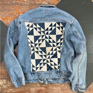 Calvin Klein denim jacket with vintage quilt patch